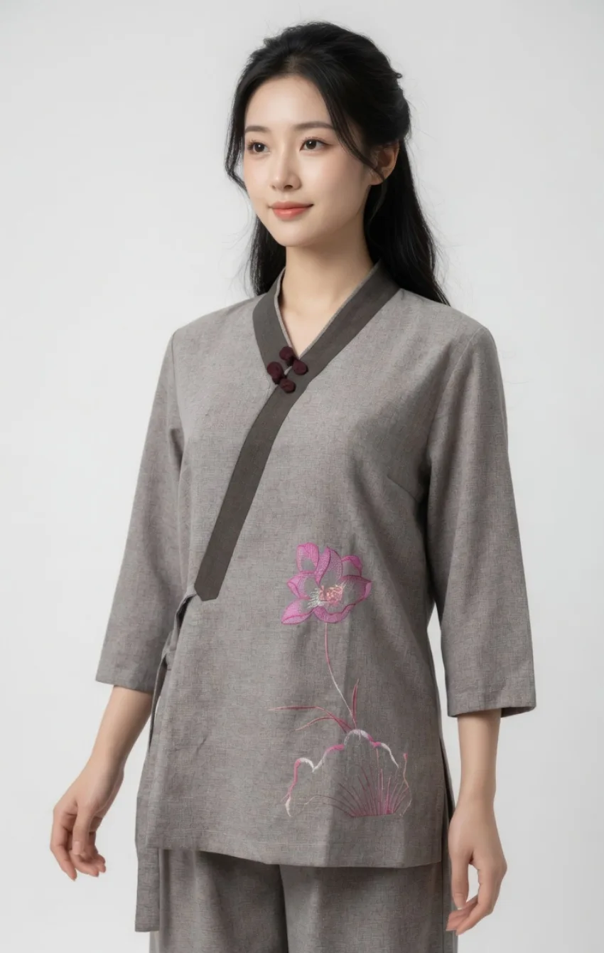 Woman wearing a light gray traditional top with dark trim, pink floral embroidery on the lower front, and three-quarter sleeves.