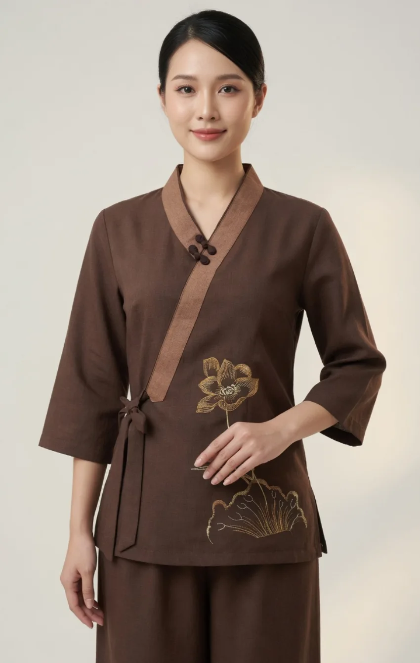 Asian woman wearing a brown wrap-style top with golden flower embroidery and a tied waist, standing against a light backdrop.