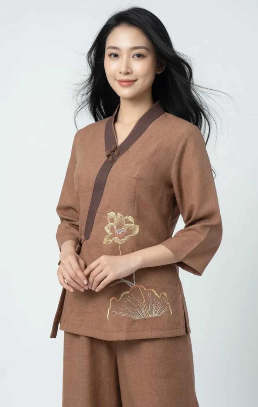 Asian woman wearing a brown embroidered tunic and matching pants, standing against a light background with a gentle smile.