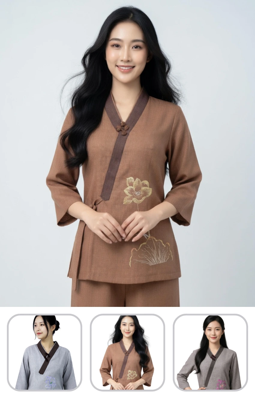 Young woman wearing a brown mandarin-collar top with floral embroidery, smiling at the camera.