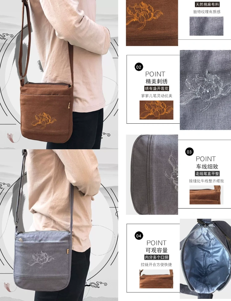 tui-di-chua-loai-nho-cho-tu-si - Pháp Phục Thiền Pháp Phục Brown crossbody bag with embroidered floral design worn by a person showing the strap and front pockets Combined collage includes gray version and close ups of embroidery and lining features
