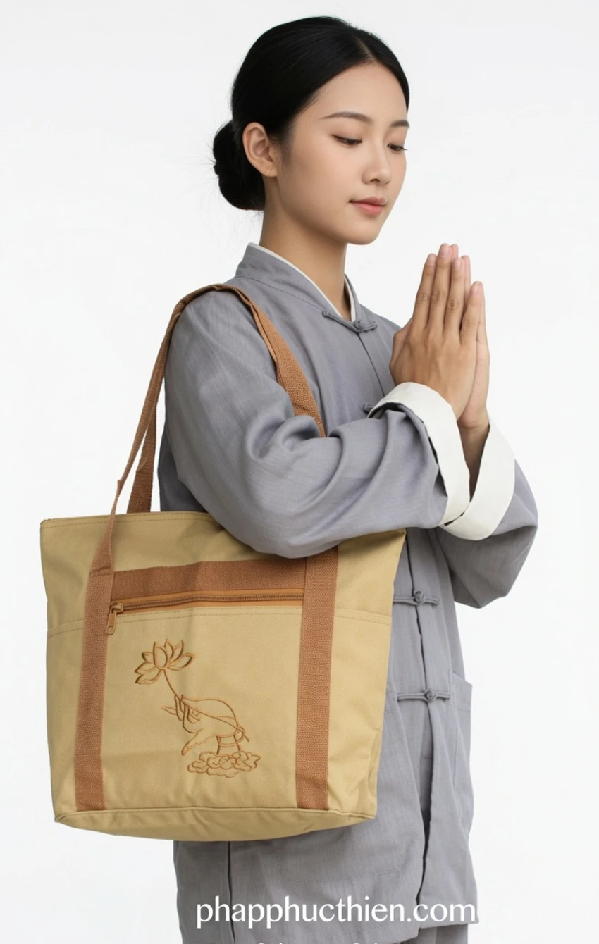 tui-hanh-huong-di-chua - Pháp Phục Thiền Pháp Phục Asian woman in a gray traditional outfit holds a beige tote bag with lotus embroidery hands pressed in prayer pose