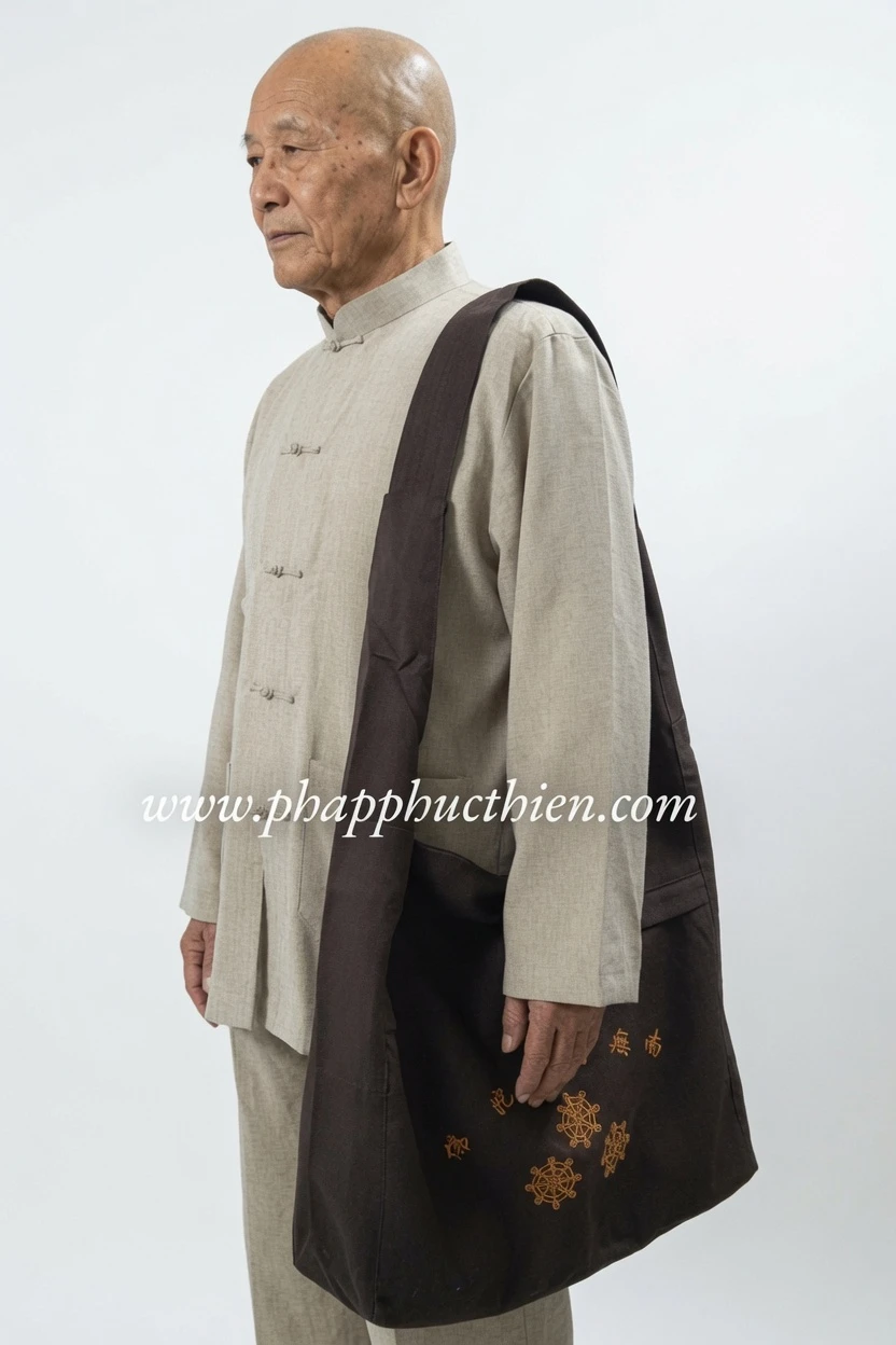 Pháp Phục Older man wearing a beige traditional jacket with a dark brown shoulder bag facing left