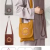 Pháp Phục Mustard tote bag with long strap and circular emblem shown worn by a model and also as standalone design in gray and brown variants
