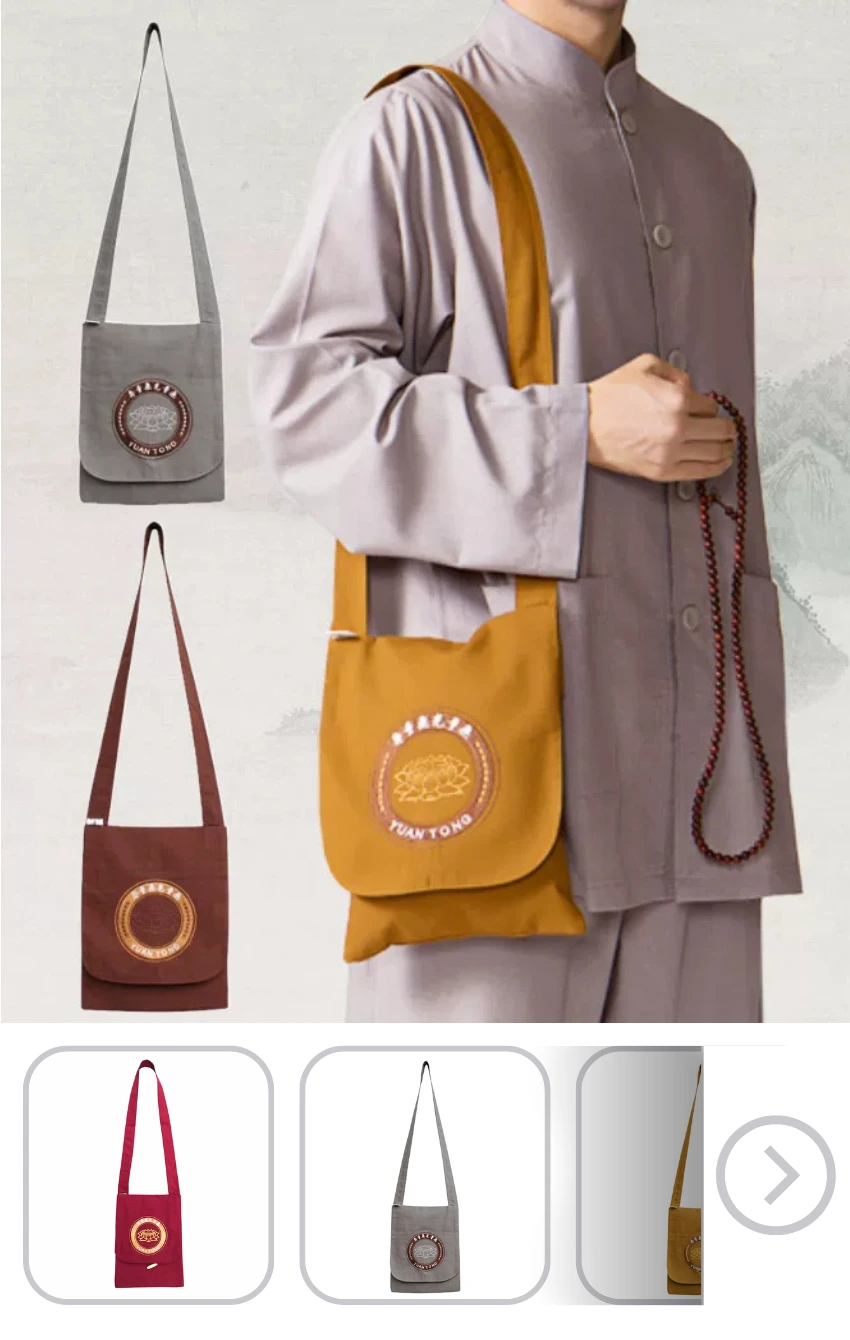 Mustard tote bag with long strap and circular emblem, shown worn by a model and also as standalone design in gray and brown variants.