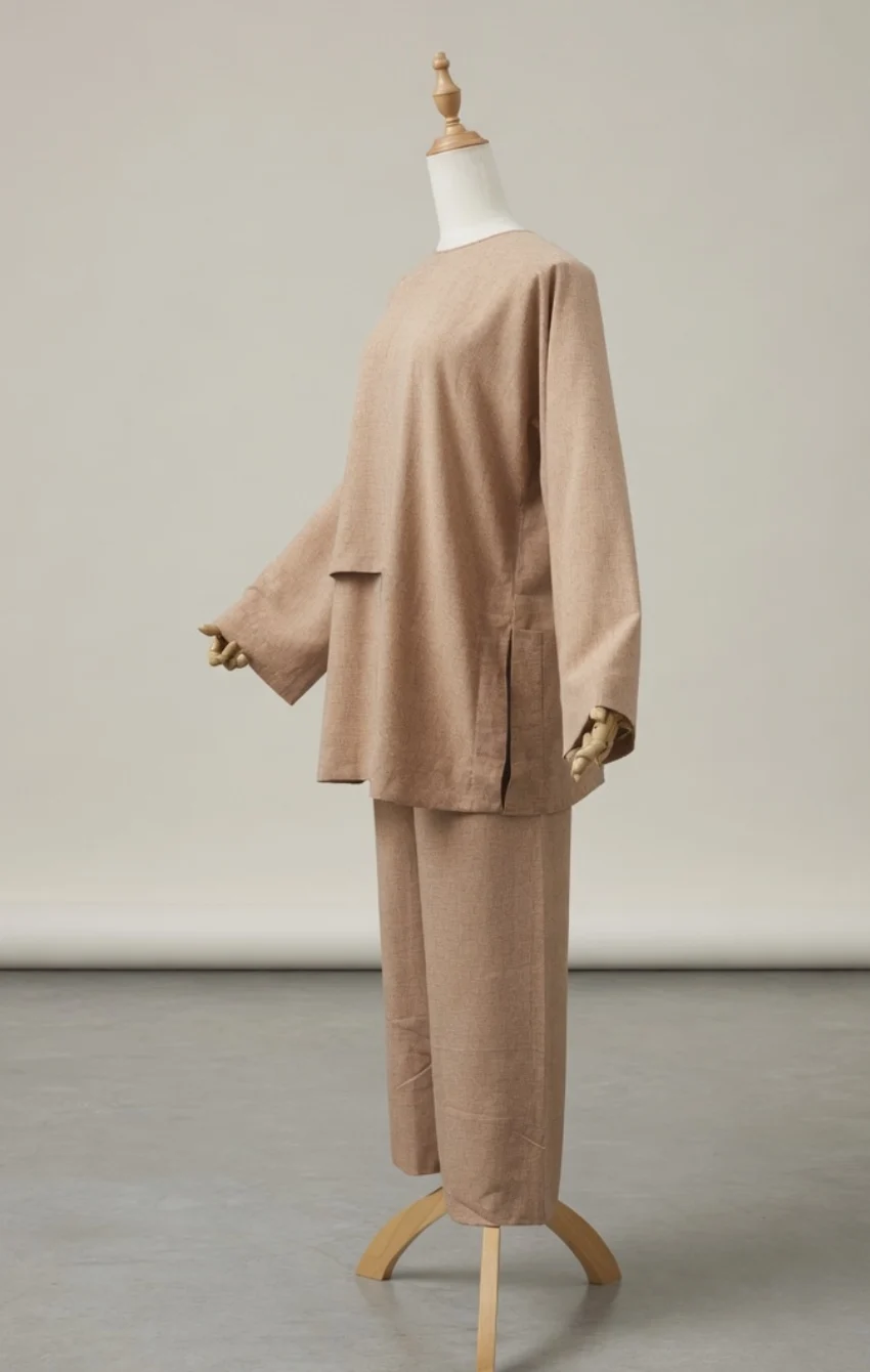 Beige loose-fitting two-piece suit on a dress form, featuring a long-sleeve tunic with side pockets and wide-leg pants.