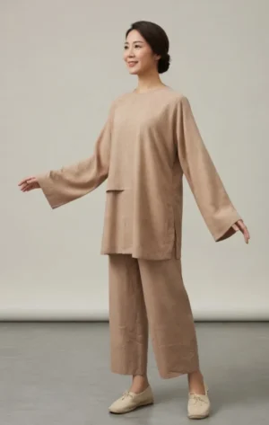 Pháp Phục Woman wearing a beige loose fitting tunic and wide leg pants standing with arms extended in a neutral studio background