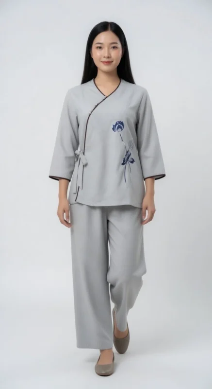 Pháp Phục Woman in a light gray wrap style top and matching wide leg pants with blue floral embroidery standing against a light backdrop