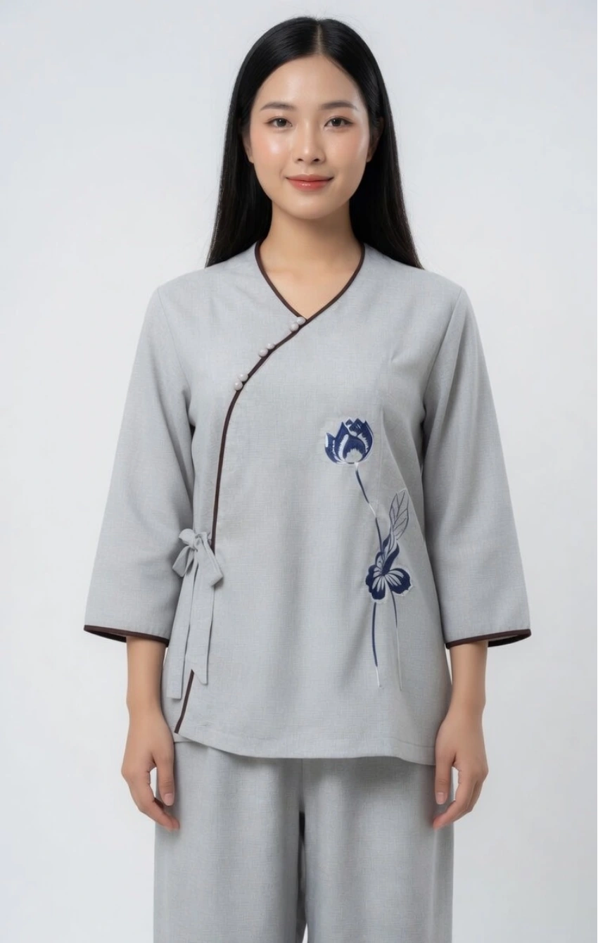 Portrait of a woman in a light gray wrap-style blouse with brown piping, side tie, and blue floral embroidery on the right side.