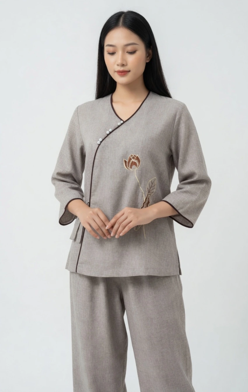 Woman wearing a light gray traditional tunic with brown trim and a stitched flower embroidery on the front.