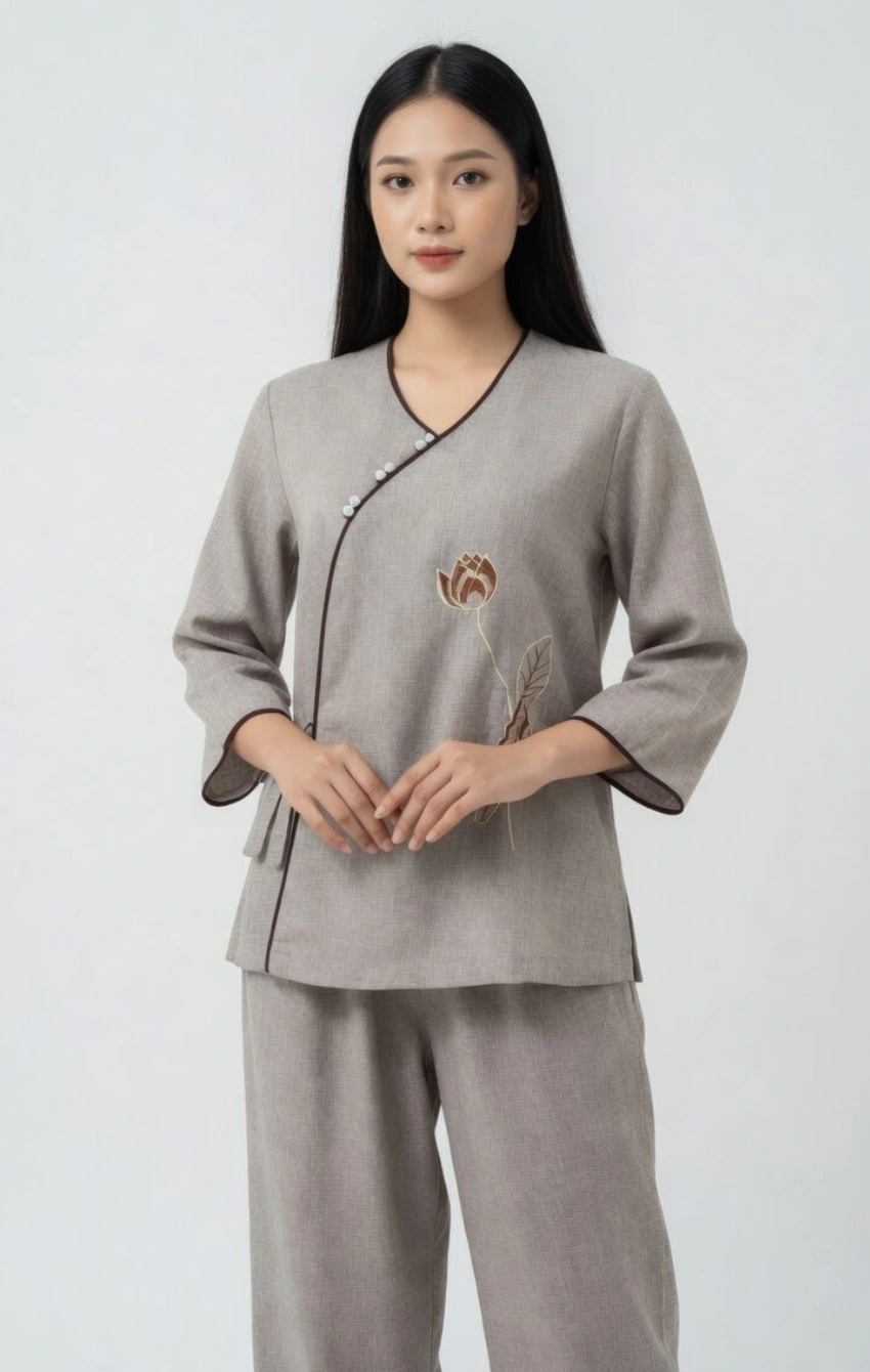 Woman wearing a gray wrap-front tunic with brown piping and embroidered rose, paired with matching gray pants.