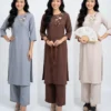 Three women model áo dài sets in gray, brown, and beige; middle holds prayer beads, right holds a fan; lotus logo bottom right.