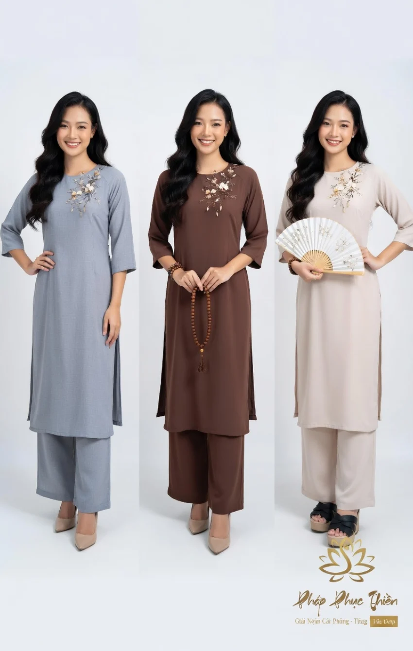 Three women model áo dài sets in gray, brown, and beige; middle holds prayer beads, right holds a fan; lotus logo bottom right.