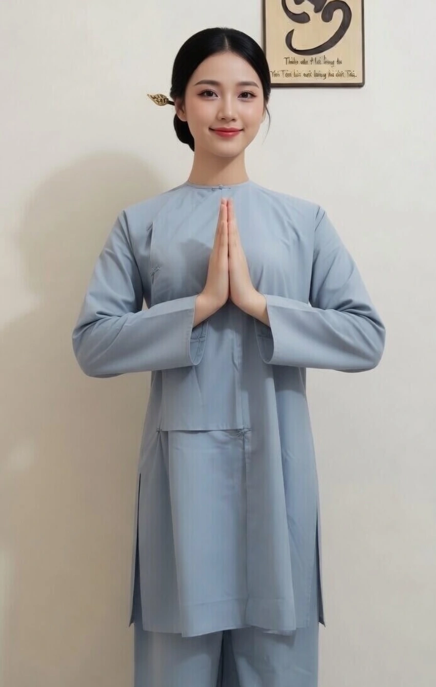 Woman in a light blue tunic and matching pants stands against a neutral wall, hands pressed together in front of her chest in a prayer-like gesture, smiling softly.