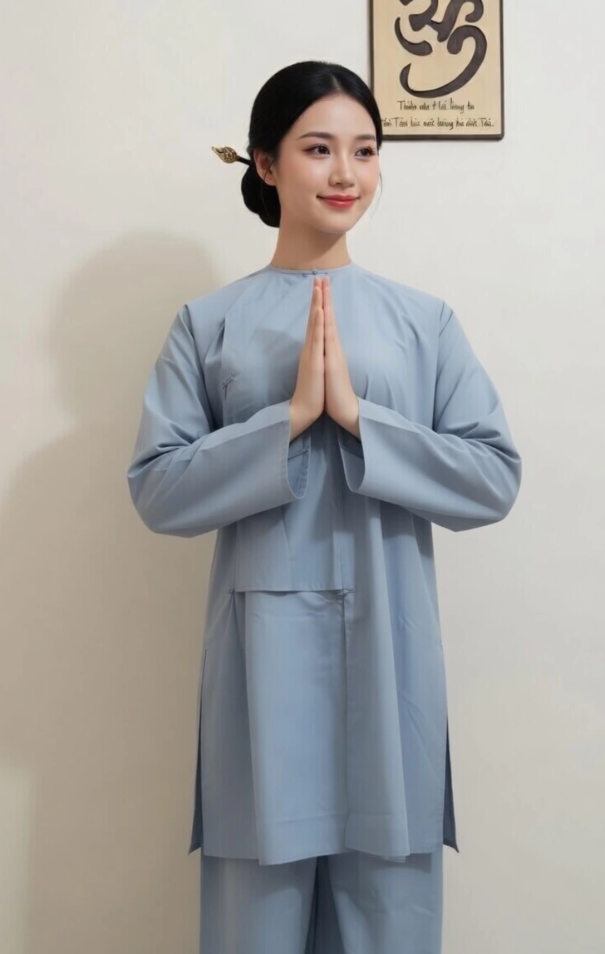 Woman in a light blue traditional outfit standing indoors with palms pressed together in front of her chest in a prayer gesture.