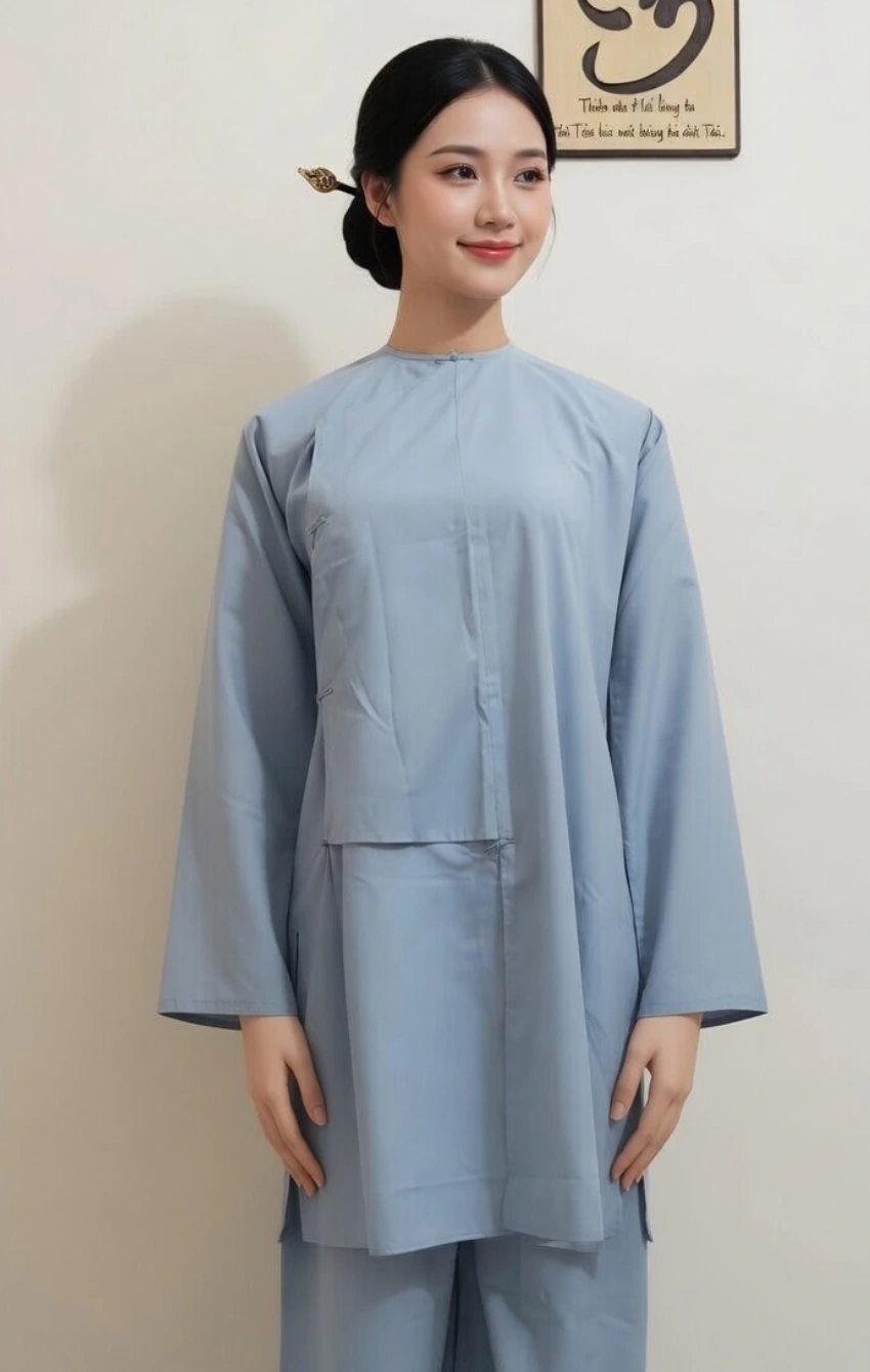 Woman in a light blue traditional tunic and matching pants, hair in a neat low bun with a decorative hairpin, standing against a plain wall.