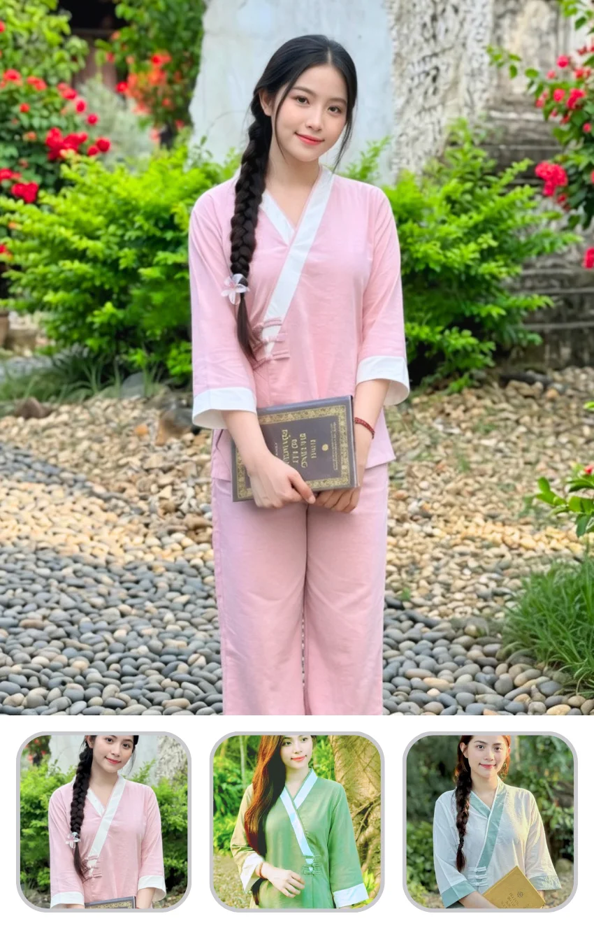 phap-phuc-nu-kieu-dep Young woman in a pink traditional-style outfit with white trim stands on a pebble path in a garden, holding a dark book close to her body.