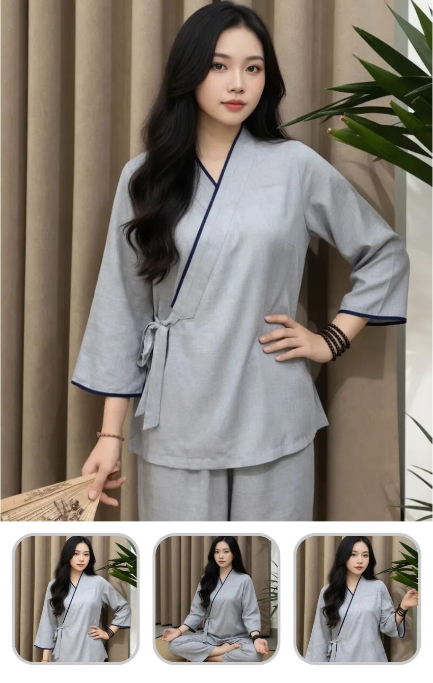 Asian woman with long black hair wearing a light gray wrap-style loungewear set with navy piping, indoors by beige curtains, hand on hip for a pose.