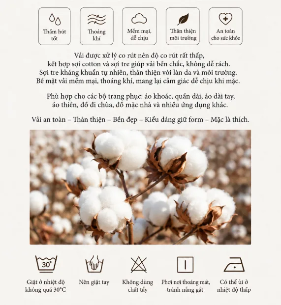 phap-phuc-chat-vai-tre - Pháp Phục Thiền Pháp Phục Infographic about cotton fabric absorbs well breathable soft eco friendly and health safe care tips wash at ≤30°C hand wash no bleach air dry away from sun iron on low