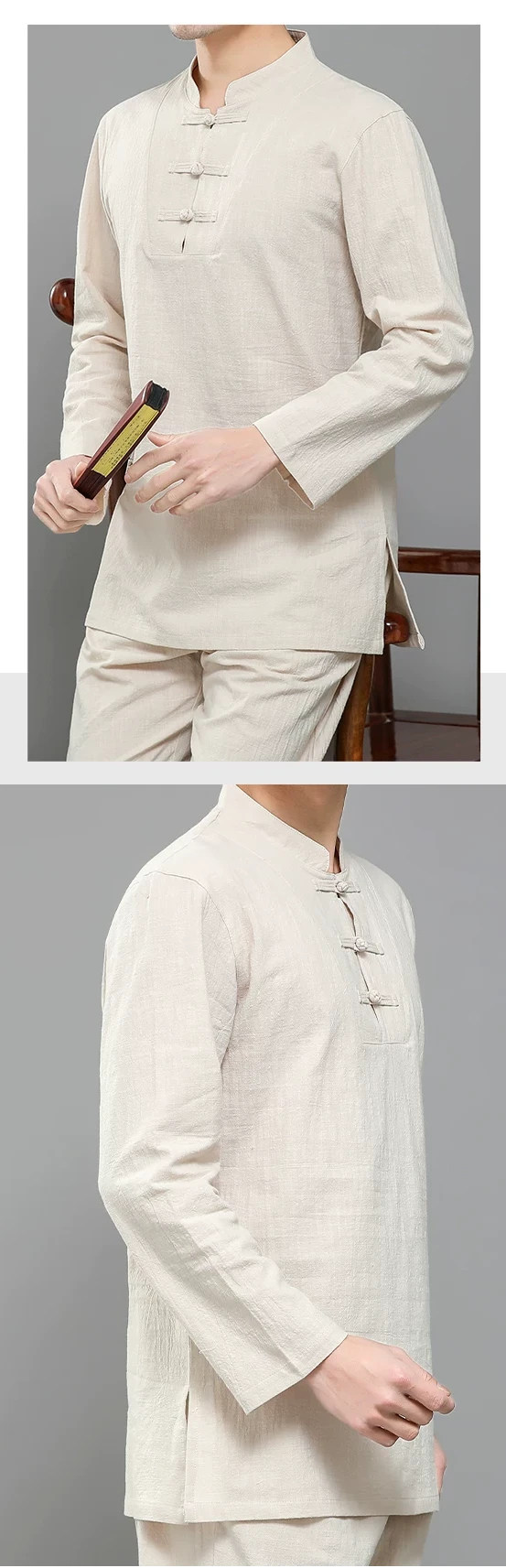 phap-phuc-ngoi-thien-mau-kem - Pháp Phục Thiền Pháp Phục Man wearing a pale beige linen traditional tunic with frog closures standing and holding a small scroll or book