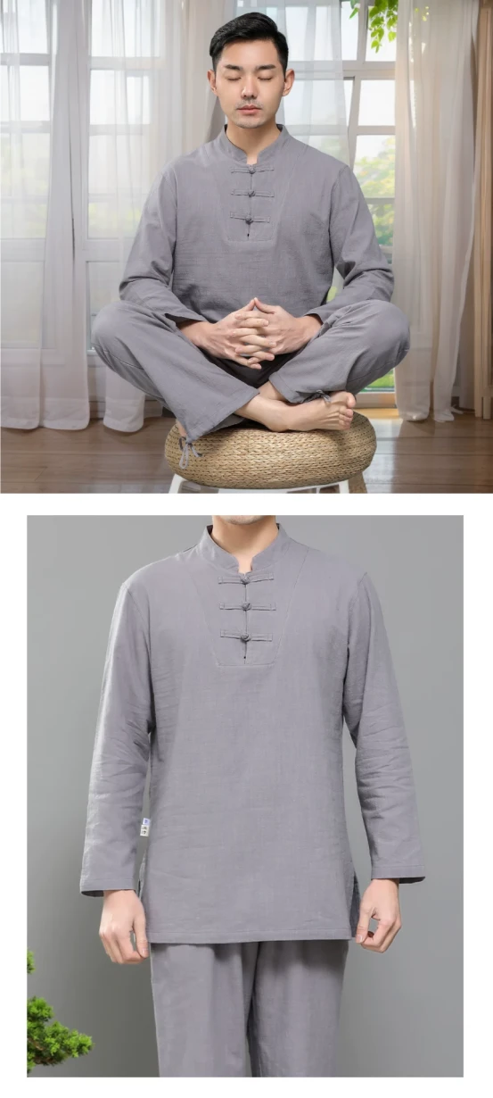 phap-phuc-thien-mauxam - Pháp Phục Thiền Pháp Phục Asian man meditating indoors in a gray traditional tunic and pants seated cross legged on a woven cushion with hands clasped in a mudra on his lap