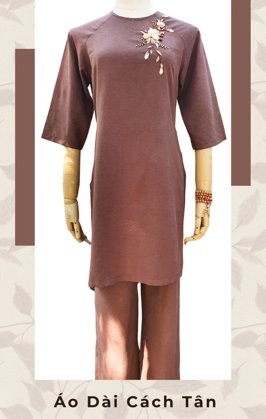 Áo dài cách tân đi chùa màu nâu, chất linen Ấn Độ thoáng mát
