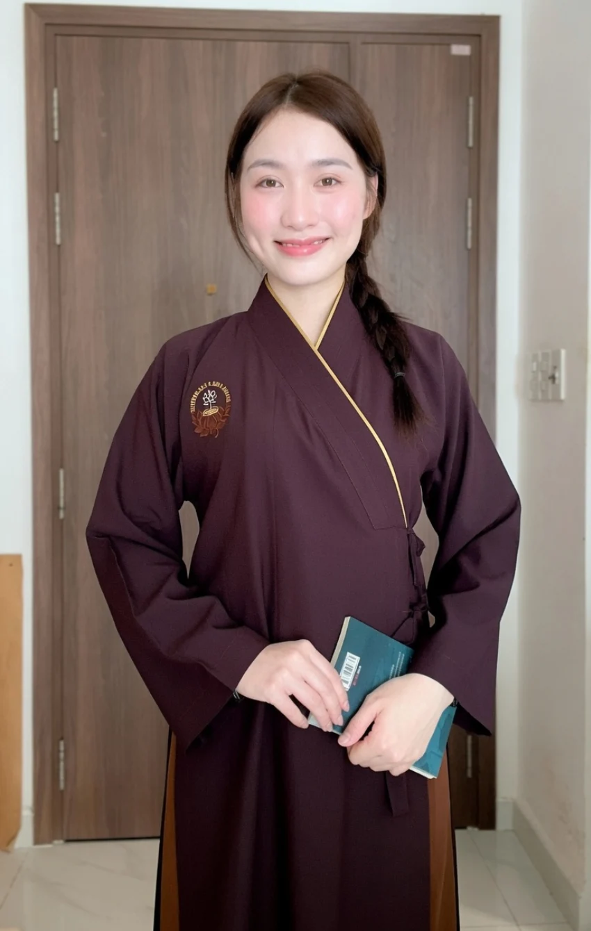 Pháp Phục Smiling woman in a maroon traditional robe with gold trim holding a teal book indoors emblem on chest
