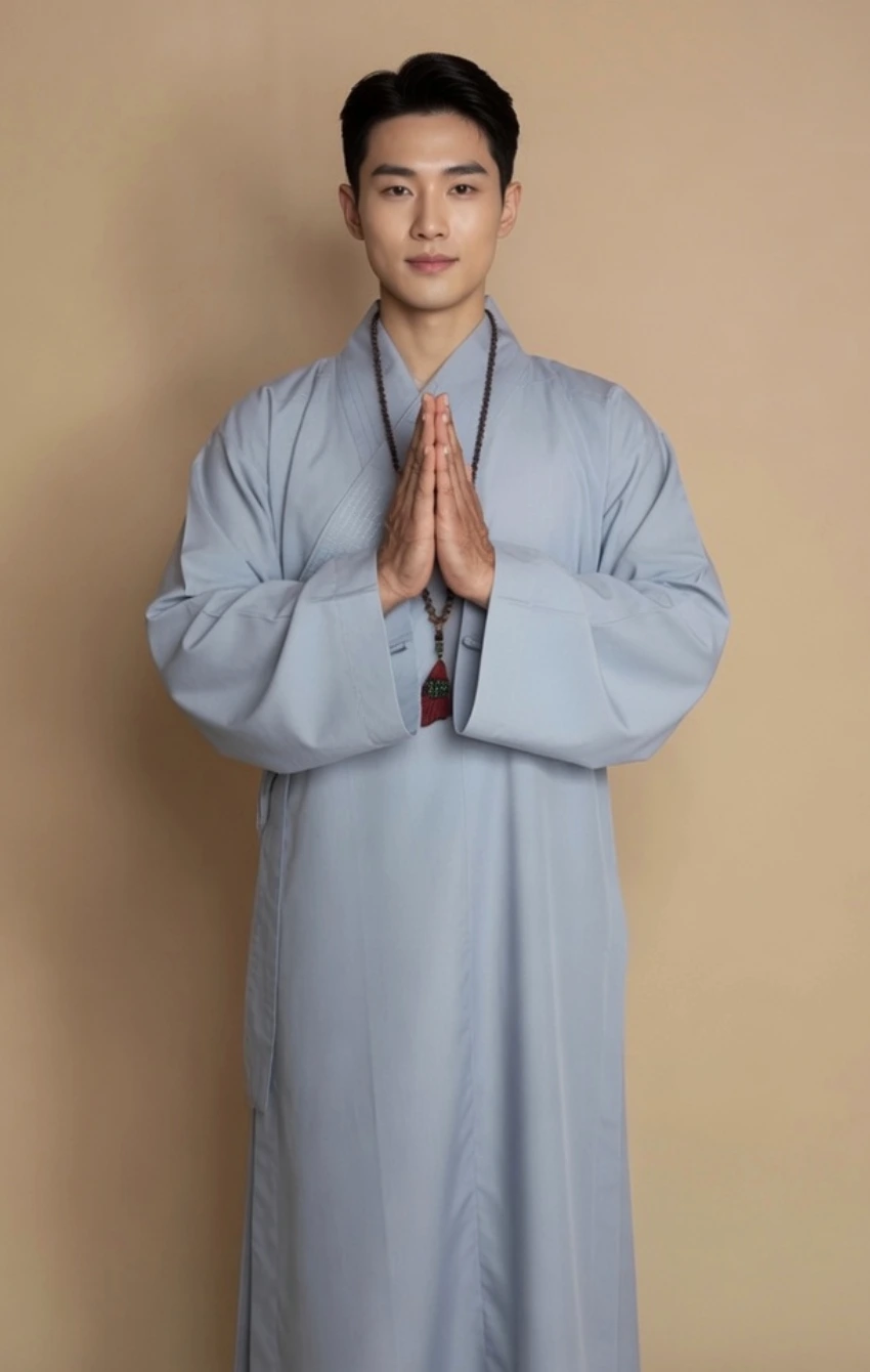 ao-trang-dai-loan-nam-vai-kate - Pháp Phục Thiền Pháp Phục Man in light blue traditional robes stands with palms pressed together in prayer wearing a beaded necklace against a tan background