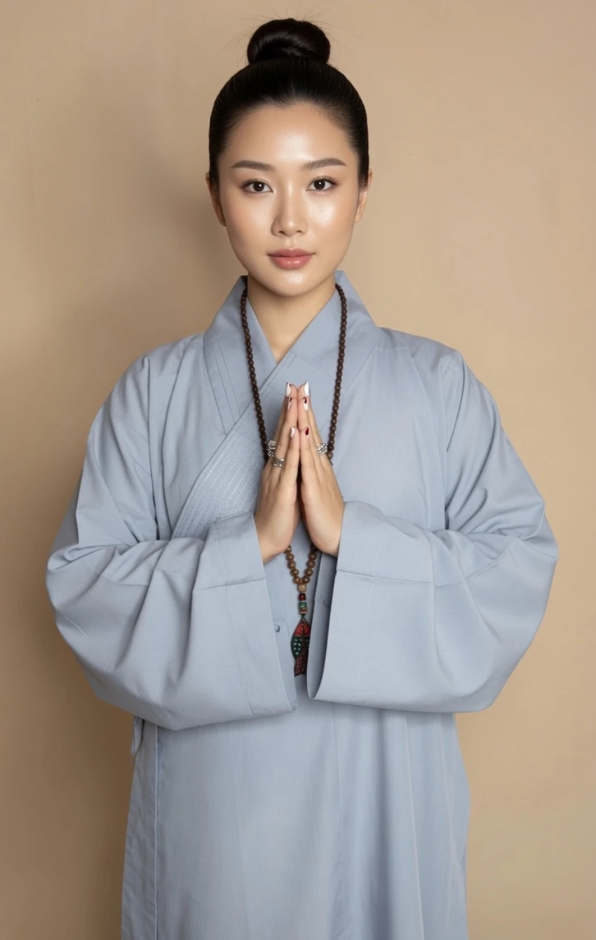 ao-trang-kate-DAI-LOAN 1 - Pháp Phục Thiền Pháp Phục Woman in a light blue robe with hands pressed together in prayer wearing a beaded necklace against a beige background
