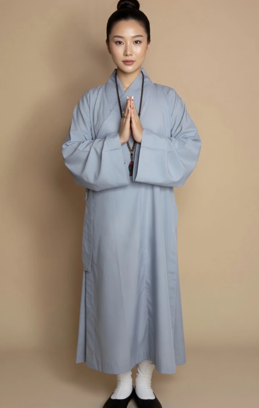 ao-trang-kate-DAI-LOAN 2 - Pháp Phục Thiền Pháp Phục Woman in a light blue traditional robe standing with hands pressed together in prayergreeting against a neutral background