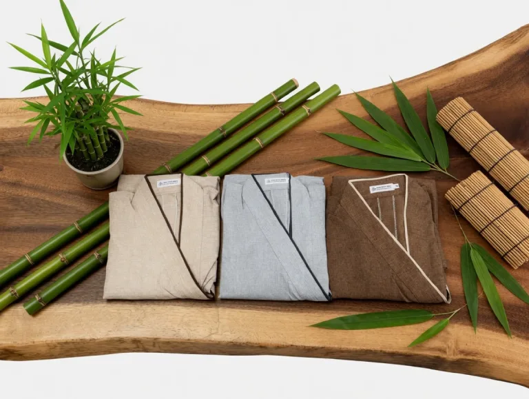 Pháp Phục Three folded linen shirts in beige gray and brown on a wooden tray with bamboo stalks and a potted plant nearby