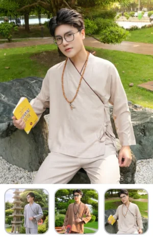 Pháp Phục Person in a beige traditional outfit and glasses sits on a stone ledge in a park holding a yellow book titled Detox