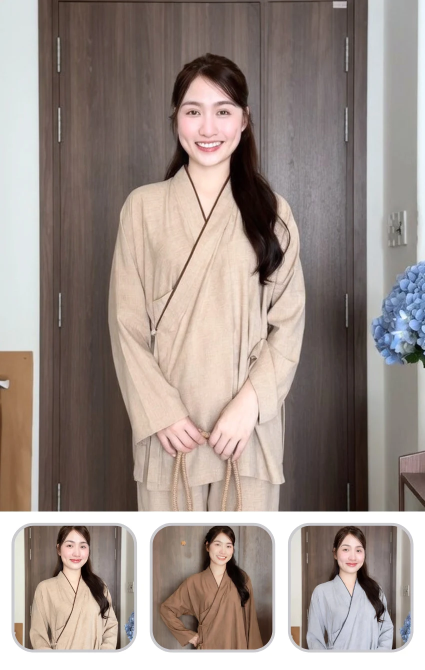 Smiling woman in a beige robe standing indoors with wooden doors behind her, holding a belt.