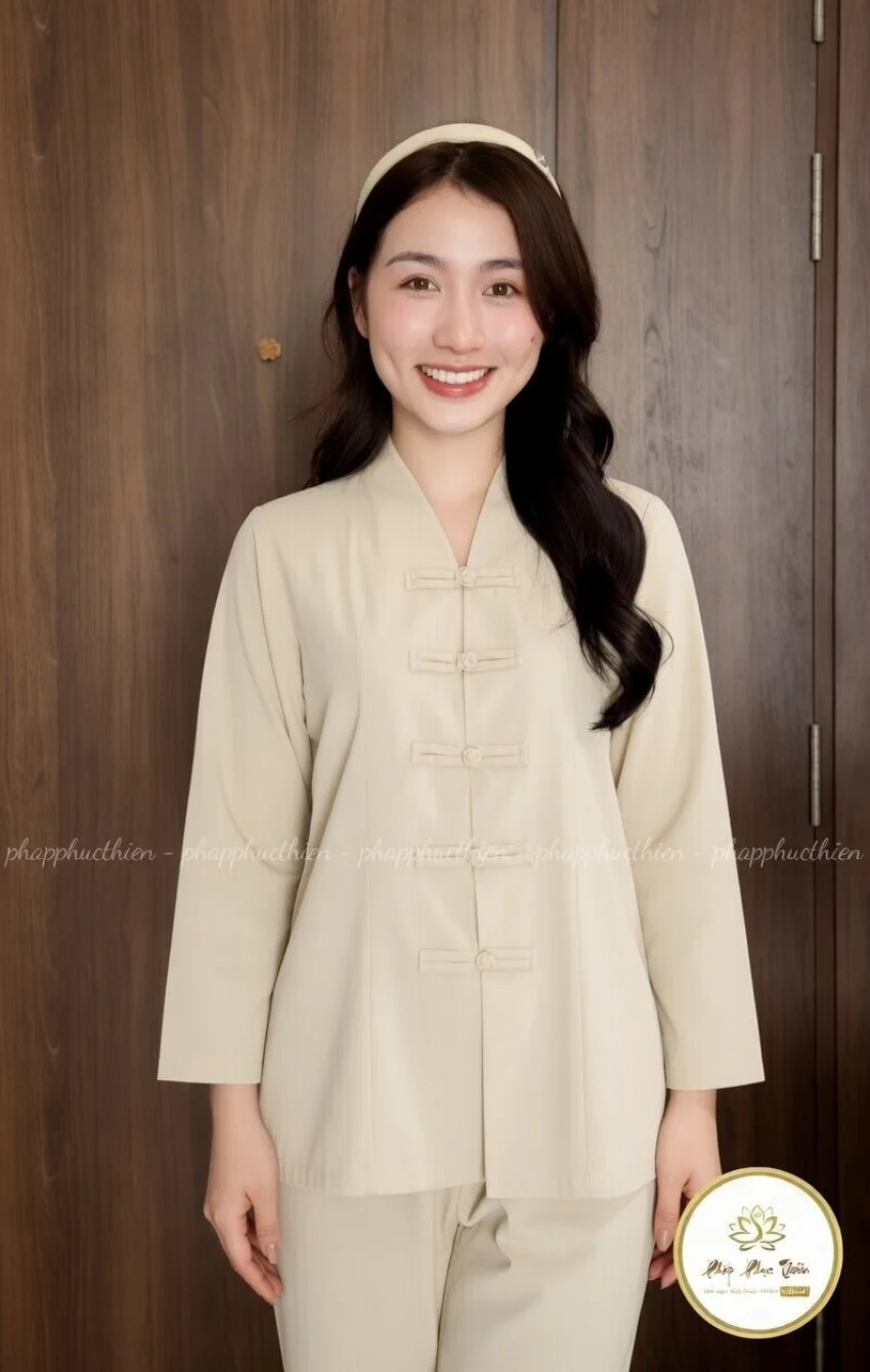 Smiling woman in a light beige traditional tunic with frog closures, standing indoors against wooden doors.