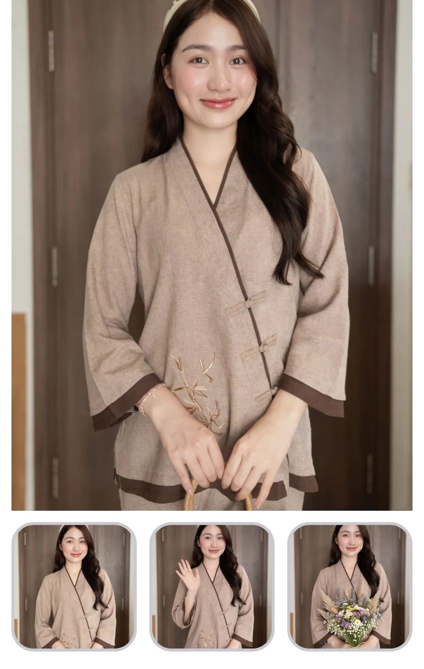 phap-phuc-nhat-nu-3-nut Young woman in a beige traditional robe with brown trim standing in a doorway, smiling softly, holding a woven bag.