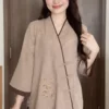pháp phục nữ linen ấn màu nâu trà
