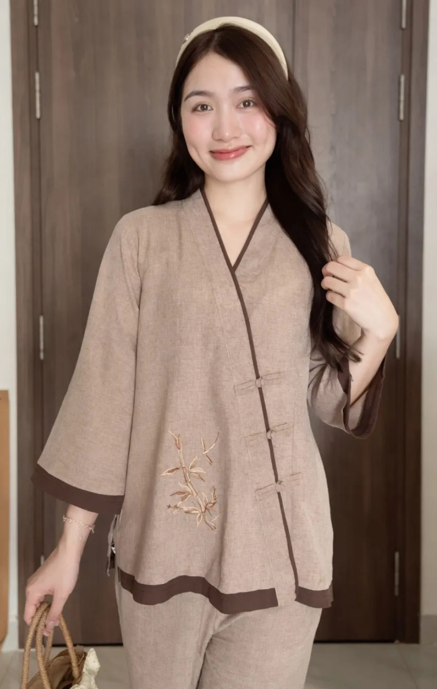 pháp phục nữ linen ấn màu nâu trà