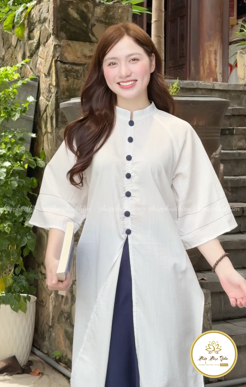 Pháp Phục Áo Dài Cách Tân Nút Xanh Coban