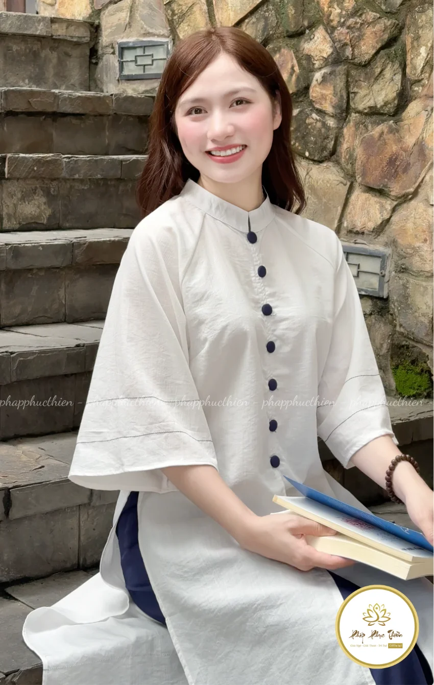 Pháp Phục Áo Dài Cách Tân Nút Xanh Coban