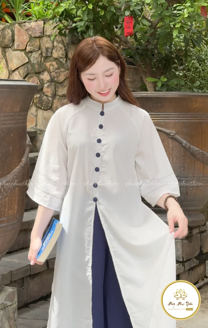 Pháp Phục Áo Dài Cách Tân Nút Xanh Coban