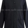 Black mandarin-collar button-front jacket on a mannequin with two large front pockets and subtle pleats along the placket.