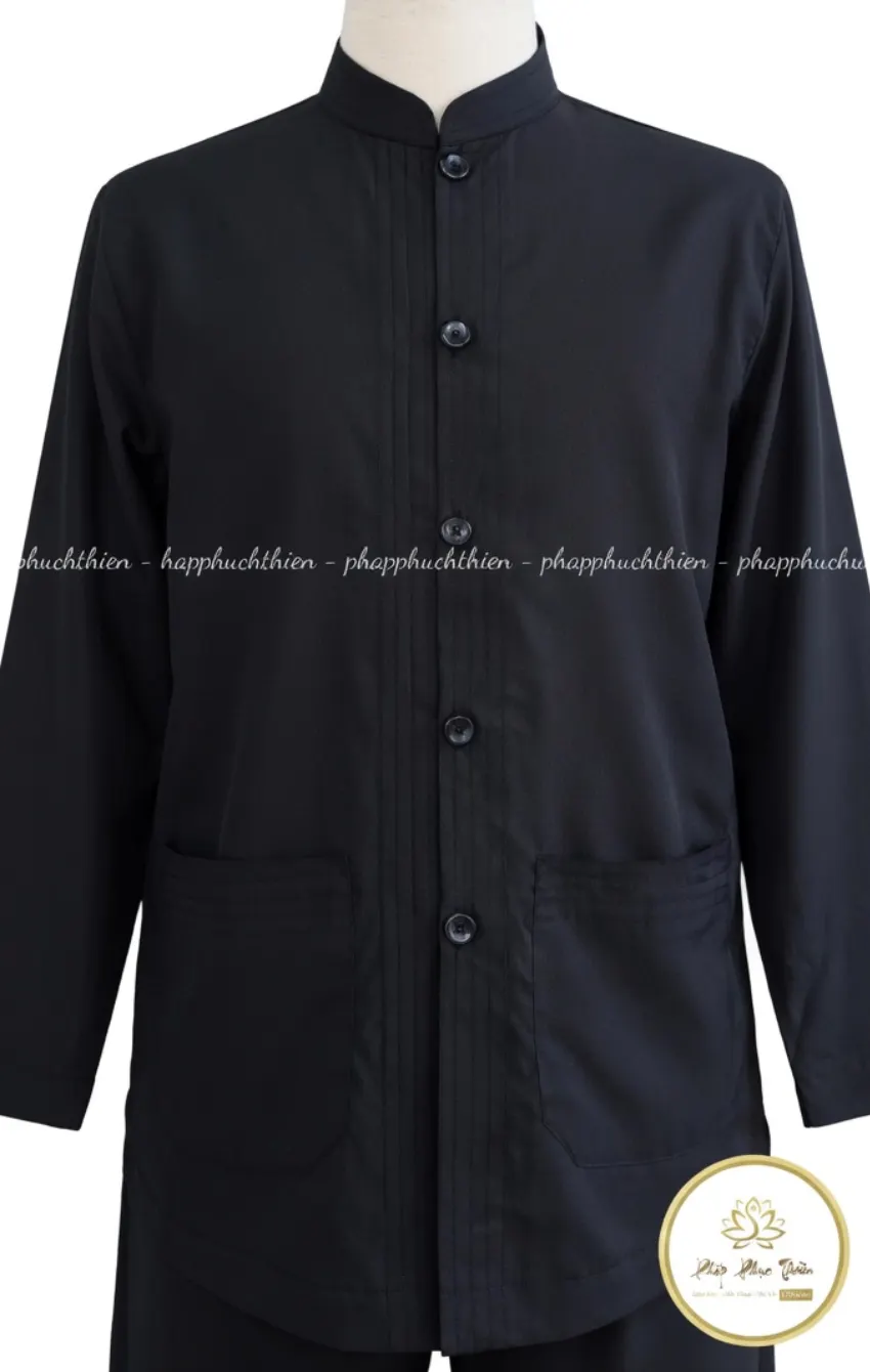 Black mandarin-collar button-front jacket on a mannequin with two large front pockets and subtle pleats along the placket.