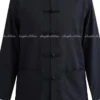Black Mandarin-collar shirt with traditional knot button closures (frog buttons) and two front pockets, shown on a dress form.