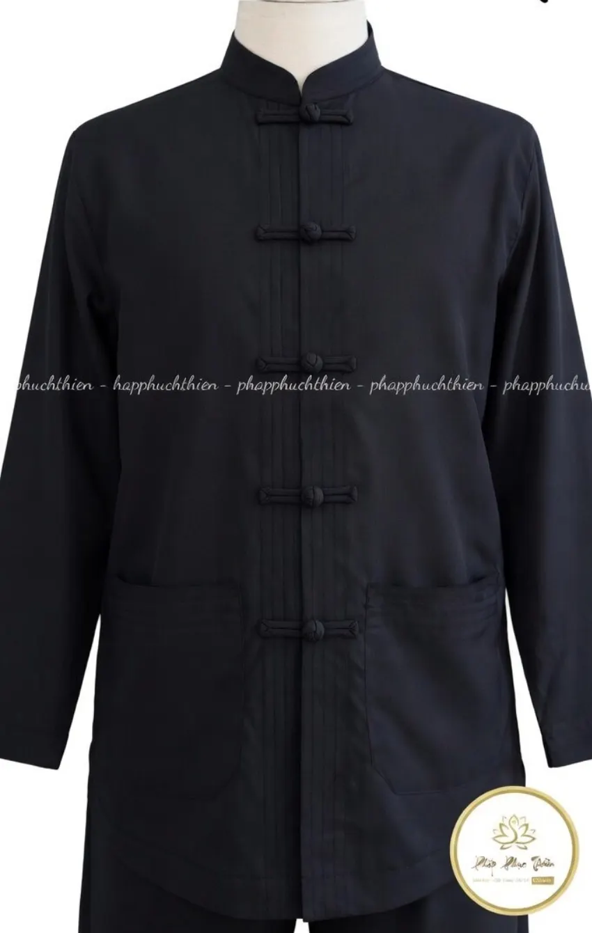 Black Mandarin-collar shirt with traditional knot button closures (frog buttons) and two front pockets, shown on a dress form.