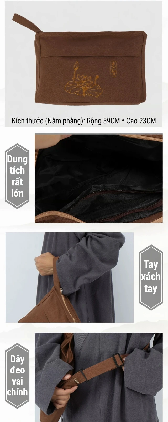 Pháp Phục Brown fabric zip pouchbag with strap showing large capacity and open interior lining