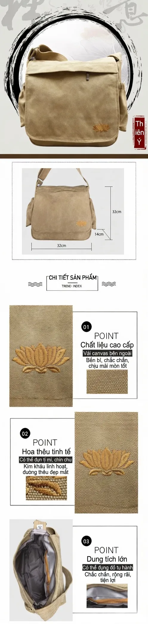 Pháp Phục Beige canvas shoulder bag with an embroidered flower logo shown with dimensions 32 cm wide 32 cm tall 14 cm deep informative product image