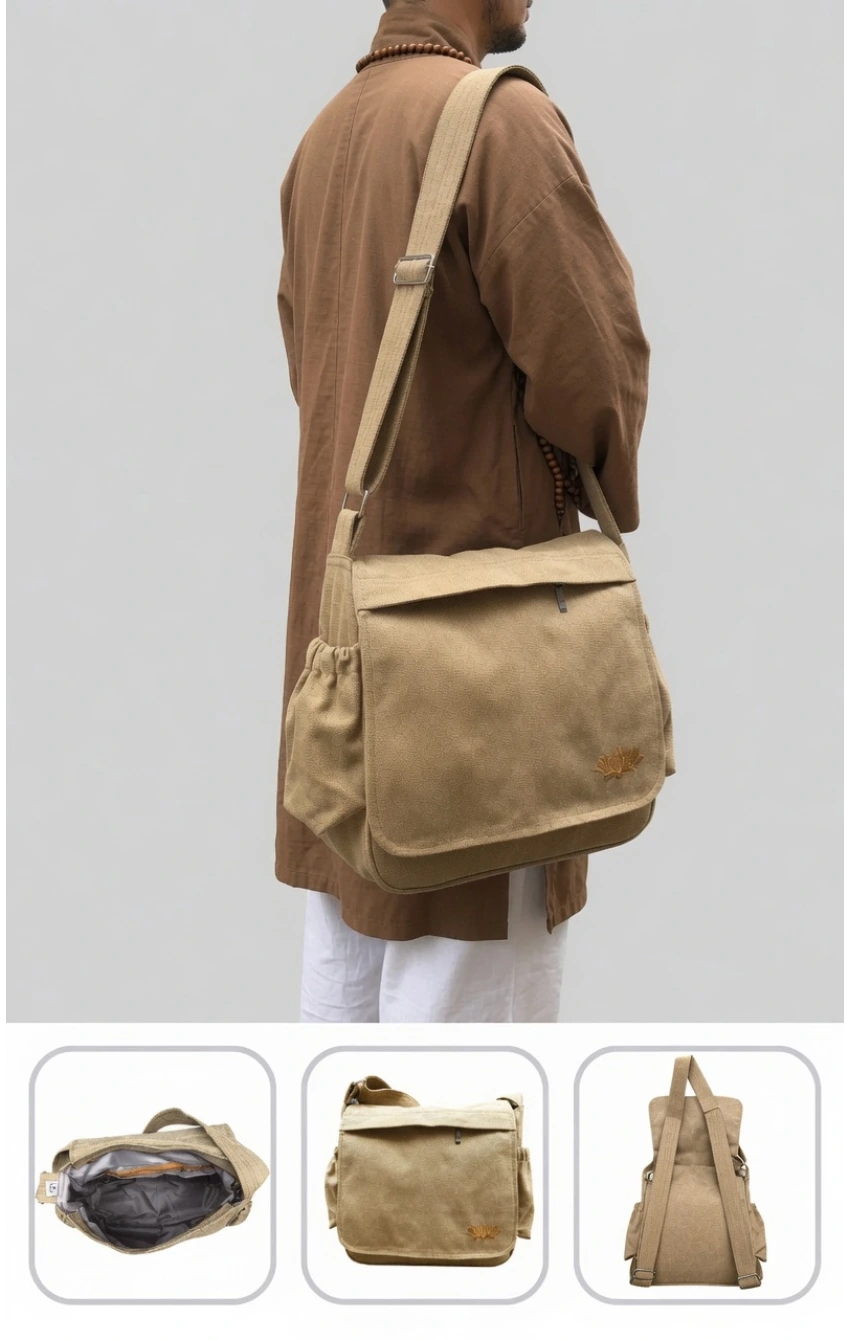 Beige canvas messenger bag worn crossbody by a person in a brown shirt; features a front flap and side pocket.