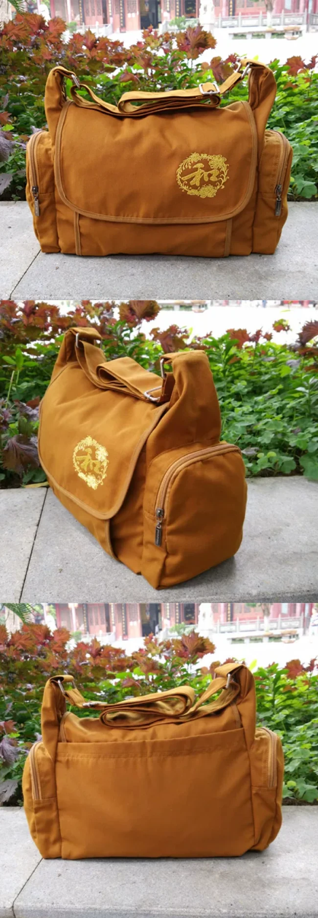 Pháp Phục Tan duffel bag with a gold emblem on the front shown from front view with side pockets visible outdoors