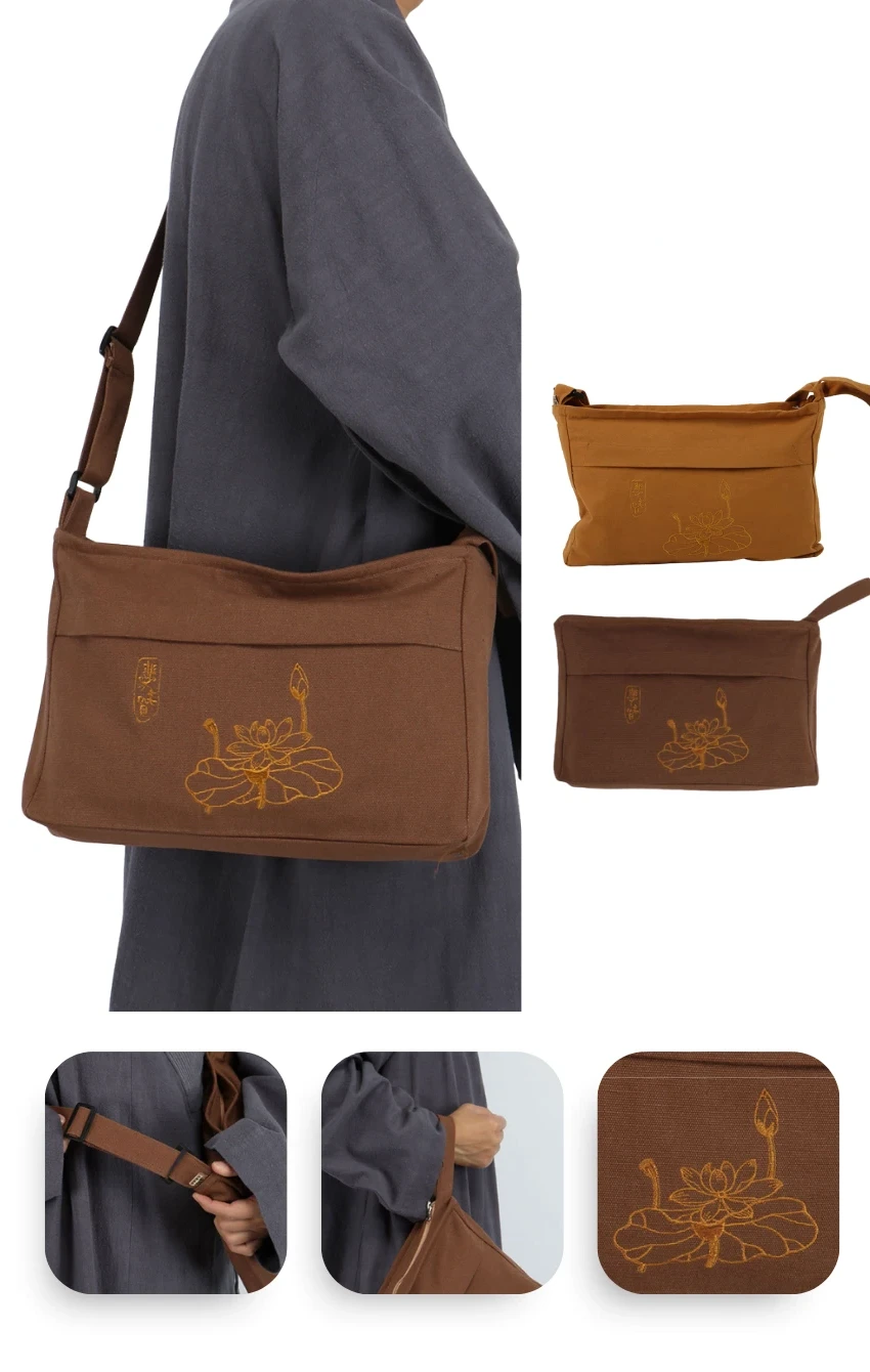 Brown fabric crossbody bag with an embroidered floral design, shown on a person and in two standalone views; adjustable strap and zippered top pocket visible.