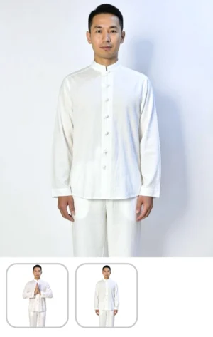 A person wearing a white Mandarin-collar tunic with loop buttons and matching white pants, standing against a light background.